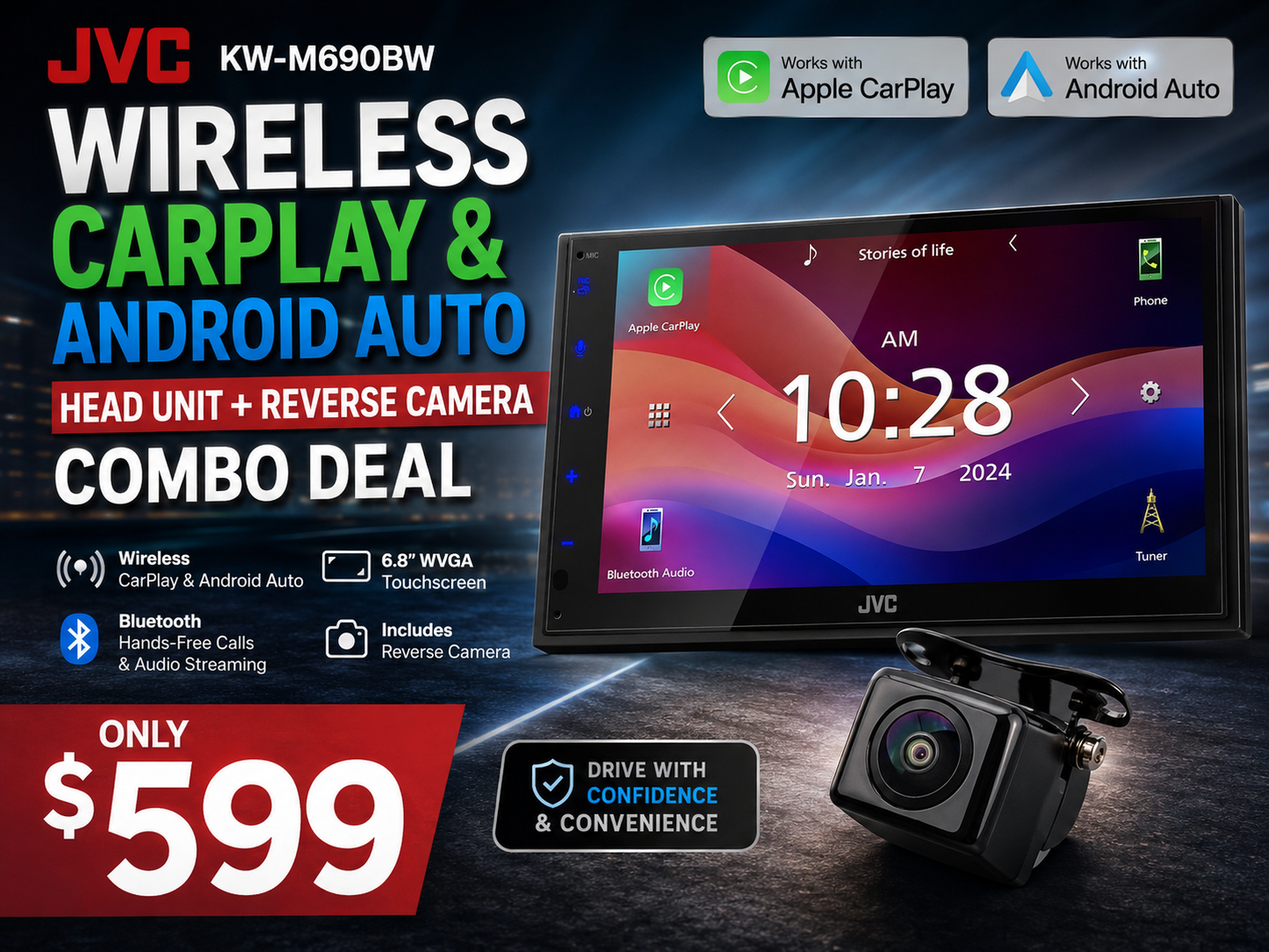 JVC KW-M690BW Wireless CarPlay and Android Auto Head Unit and Rear View Camera Package