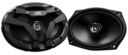Two JVC car speakers on a white background
