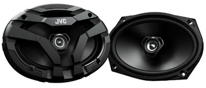 Two JVC car speakers on a white background