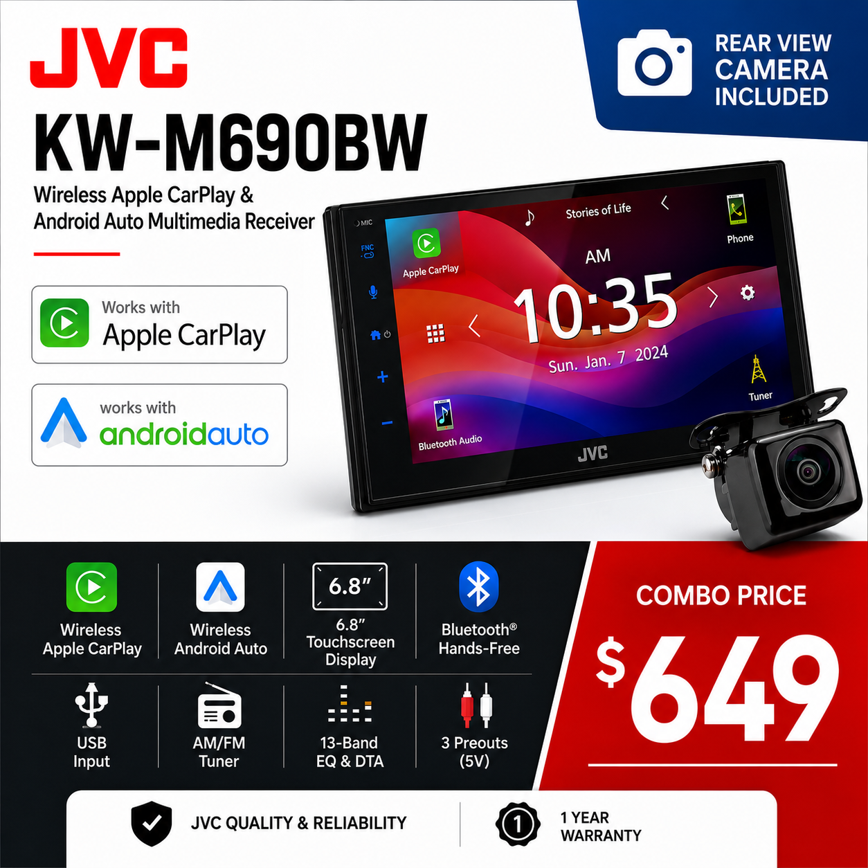JVC KW-M690BW Wireless CarPlay and Android Auto Head Unit and Rear View Camera Package