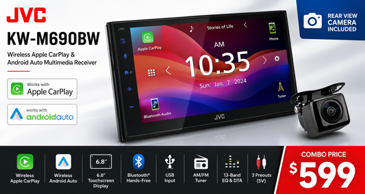 JVC KW-M690BW Wireless CarPlay and Android Auto Head Unit and Rear View Camera Package