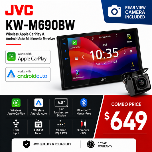 JVC KW-M690BW Wireless CarPlay and Android Auto Head Unit and Rear View Camera Package