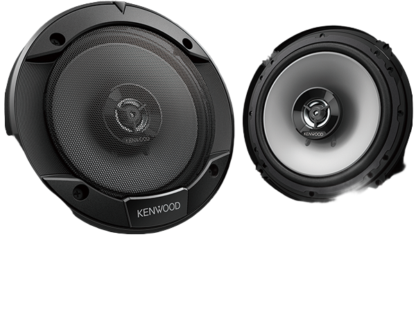 Two Kenwood car speakers on a white background