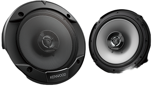 Two Kenwood car speakers on a white background